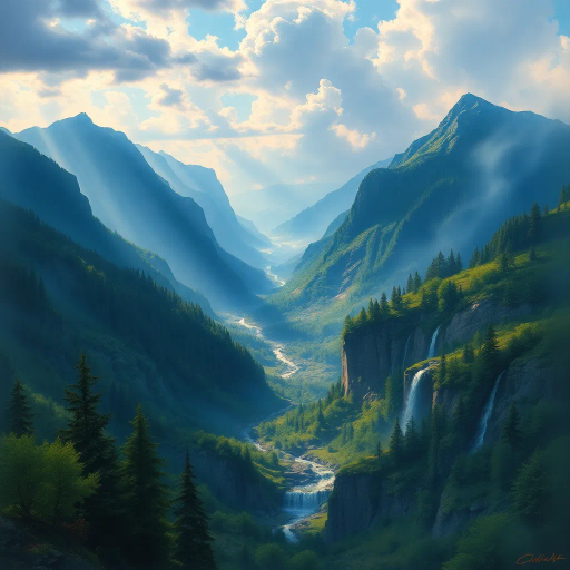 expansive landscapes, majestic mountains, serene forests, vibrant flora, lush valleys, cascading waterfalls, panoramic views, ethereal lighting, atmospheric perspective, rich textures, dramatic sky, natural beauty, serene tranquility, breathtaking vistas, intricate details, inspired by Caspar David Friedrich, impressionistic brushwork, harmonious colors, idyllic scenes, grand scale, immersive atmosphere
