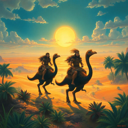 prehistoric warriors, clad in animal skins, riding dinosaur-like cassowaries, vibrant desert oasis, expansive horizon, surreal and whimsical narrative, dramatic lighting, vivid colors, intricate textures, ancient mythology, dynamic movement, Maxfield Parrish influence, Jean Giraud flair, cinematic and panoramic views, tribal culture, adventurous spirit, untamed wilderness, mystical aura, primal energy, Maurice Sendak whimsy, Frank Frazetta epicness, exotic flora, symbolic fauna, echo of ancient myths, tropical vegetation, ethereal glow, imaginative realism, lavish detailing, expressive brushstrokes, sweeping panorama, cultural fusion, timeless journey, mythological echoes, adventurous mood, fantastical creatures, surreal dreamscapes, epic scale, mystical sands, meshing of eras, mythical storytelling, otherworldly landscapes, exploratory perspective, exotic wildlife