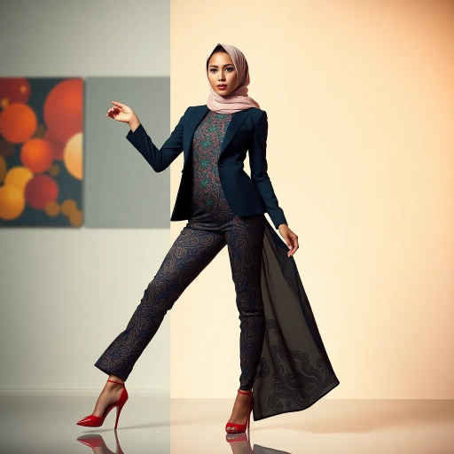 elegant Arab woman, professional attire, hijab, modern workplace, high heels, contrasting cultural fusion, vibrant Middle Eastern influences, contemporary art style, dynamic composition, intricate patterns, vibrant color palette, soft ambient lighting, dynamic posing, cultural expression, delicate textiles, confident and empowering presence, grace, poise, diverse representation, fusion of modern and traditional elements, Impressionism influences, human form depiction, advanced digital techniques, refined textures, bold symbolism, artistic influences, balance, harmony, surreal lighting, empowered femininity, Gustav Klimt inspiration, Art Nouveau elegance, intricate detailing, cultural narrative, sophisticated sophistication, modernism, representation and empowerment