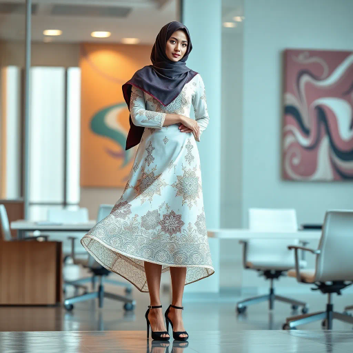 Arab woman, elegant hijab, professional setting, modern workplace, high heels, Middle Eastern culture, contemporary art, intricate patterns, vibrant colors, soft lighting, dynamic pose, cultural expression, delicate fabrics, office environment, confident demeanor, sophisticated fashion, grace and poise, diverse representation, cultural fusion, empowerment, modernism, Impressionism influences, human form, balance and harmony