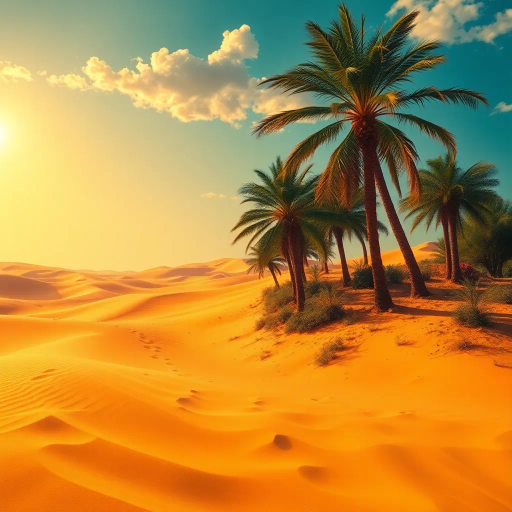 Serene, desert landscape, flowing sands, vibrant, Middle-Eastern motifs, intricate, arabesque patterns, striking color palette, azure skies, golden sands, gently swaying palms, cultural fusion, Henri Rousseau, Henri Matisse, warm lighting, dreamlike, mystical atmosphere, immersive perspective, delicate fabrics, flowing lines, vibrant details, elegance, grace, dynamic composition, tranquil ambiance, sunlit scene, artistic synthesis, exotic, bold textures, ornate, symbolism, lush, art nouveau, ethereal
