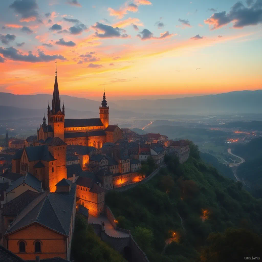 medieval cityscape, glowing twilight, perched on hilltop, vibrant colors, Claude Lorrain influence, golden hour lighting, ethereal atmosphere, lush landscapes, towering spires, intricate architecture, cobblestone streets, panoramic views, sweeping vistas, rich texture, romanticism, detailed engravings, enchanting aura, timeless beauty, serene ambiance, historical roots, narrative storytelling, mystical realm, elevated perspective, imaginative vision, fantasy essence, dreamlike setting, magical realism, atmospheric haze, visual poetry, harmonious balance, artistic expression, visionary landscape, Claude Lorrain, romanticism, dreamlike setting, magical realism, ethereal atmosphere, panoramic views, visionary landscape, enchanting aura, imaginative vision, mystical realm