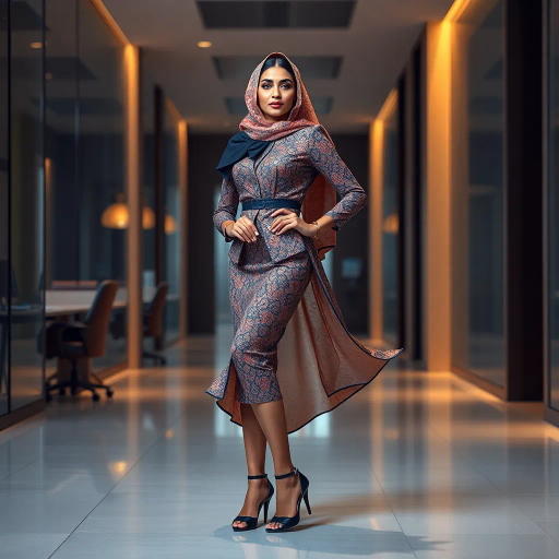 Arab woman, elegant hijab, professional setting, modern workplace, high heels, Middle Eastern culture, contemporary art, intricate patterns, vibrant colors, soft lighting, dynamic pose, cultural expression, delicate fabrics, office environment, confident demeanor, sophisticated fashion, grace and poise, diverse representation, cultural fusion, empowerment, modernism, Impressionism influences, human form, balance and harmony, Jean-Michel Basquiat inspiration, vibrant brushstrokes, Henri Matisse color palette, delicate textures, fluid movement, artistic elegance, cultural symbolism, refined composition, elegance and sophistication, bold patterns