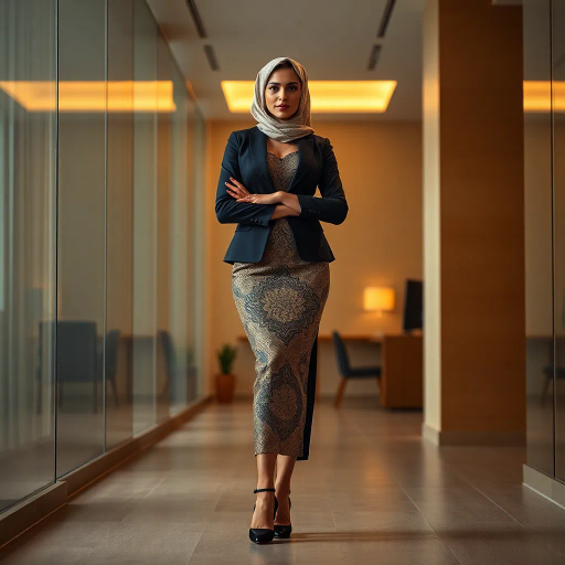 elegant Arab woman, professional attire, high heels, office environment, graceful posture, sleek modern design, soft ambient lighting, rich earth tones, intricate patterns, traditional Middle Eastern motifs, Vermeer-inspired composition, warm atmospheric mood, dynamic perspective, cultural elegance, expressive body language, sophisticated minimalism, textural contrast, contemporary realism, detailed craftsmanship, poised demeanor, artistic serenity