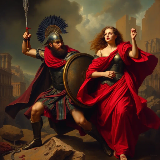 Visigothic warrior, Roman lady, Sack of Rome 410CE, epic historical scene, dramatic lighting, chiaroscuro, intricate armor details, flowing Roman garments, realism, dynamic composition, intense mood, historical figures, late antiquity, turbulent atmosphere, powerful symbolism, conflict and culture clash, intense emotions, classical architecture, ruin and decay, grand scale, meticulous textures, tension and movement, aged patina, historical authenticity, evocative storytelling, warriors in action, contrast and harmony, rich color palette, accurate period costumes