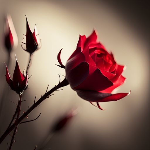 Delicate still-life of vibrant red petals and thorns, exploring emotional symbolism with warm lighting and chiaroscuro. Inspired by oil painting techniques of impressionism, art nouveau, and romanticism. The fragility and beauty of the life cycle in nature are emphasized with detailed textures and soft focus, surrounded by bokeh.
