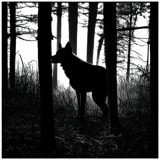 majestic silhouette, autumnal forest, golden hour, nature's camouflage, alert gaze, monochrome, wildlife portraiture, fine details, dog breed, hunting heritage