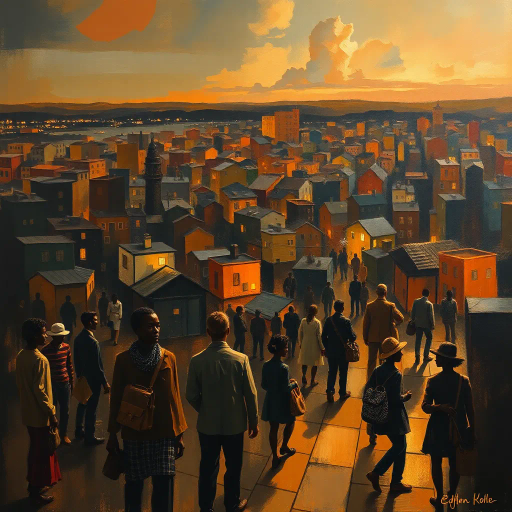 human interaction, cultural tapestry, diverse communities, sociological exploration, Edward Hopper, urban environments, chiaroscuro lighting, impressionistic brushwork, warm earthy tones, social dynamics, anthropological study, interconnected societies, harmonious coexistence, abstract representation, expansive cityscapes, societal roles, emotional depth, geometrical patterns, cultural symbolism, reflective surfaces, mixed media, art deco influences, narrative storytelling, picturesque landscapes, societal evolution