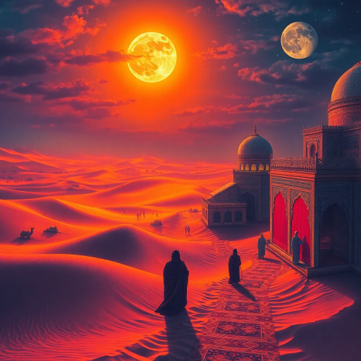 Arabian nights, mystical landscape, vibrant colors, intricate patterns, cultural tapestry, surreal desert, moonlit dunes, legendary tales, rich symbolism, Persian influence, elaborate textiles, ornamental architecture, poetic imagery, saffron and indigo hues, calligraphic lines, enchanting atmosphere, historical echoes, luminous glow, intricate mosaics, flowing robes, ethereal essence, mythic storytelling, exotic allure, timeless journey