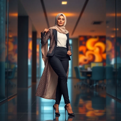 elegant Arab woman, professional attire, hijab, modern workplace, high heels, contrasting cultural fusion, vibrant Middle Eastern influences, contemporary art style, dynamic composition, intricate patterns, vibrant color palette, soft ambient lighting, dynamic posing, cultural expression, delicate textiles, confident and empowering presence, grace, poise, diverse representation, fusion of modern and traditional elements, Impressionism influences, human form depiction, advanced digital techniques, refined textures, bold symbolism, artistic influences, balance, harmony, surreal lighting, empowered femininity, Gustav Klimt inspiration, Art Nouveau elegance, intricate detailing, cultural narrative, sophisticated sophistication, modernism, representation and empowerment