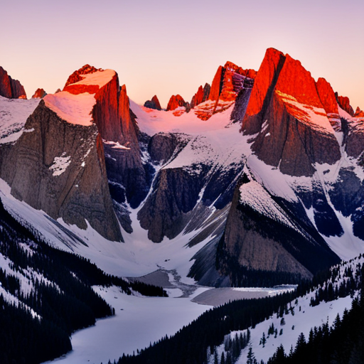 majestic peaks, craggy summits, snow-capped ridges, tranquil valleys, sweeping panoramas, rugged terrain, rocky outcroppings, dramatic lighting, subalpine forests, atmospheric perspective, natural beauty