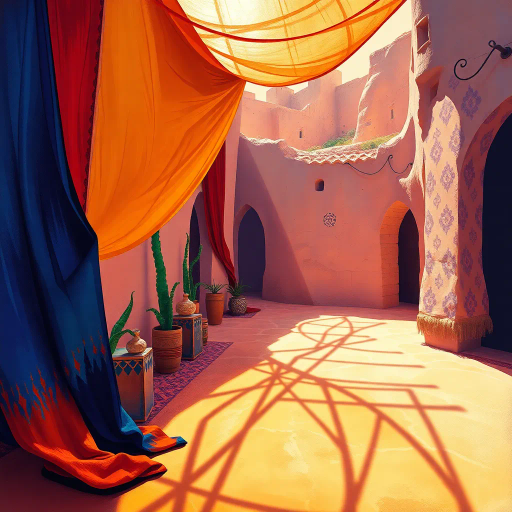 Arabian nights, desert oasis, vibrant colors, Henri Matisse, flowing fabrics, intricate patterns, sunlight reflections, ethnic motifs, modernist approach, serene and poised, cultural fusion, delicate textures, rhythmic lines, sensual elegance, warm earthy tones, exotic allure, mystical ambiance, artistic interpretation, contemporary flair, historical influences, juxtaposition of tradition and modernity