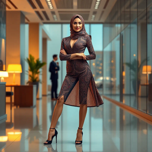 elegant Arab woman, professional attire, hijab, modern workplace, high heels, contrasting cultural fusion, vibrant Middle Eastern influences, contemporary art style, dynamic composition, intricate patterns, vibrant color palette, soft ambient lighting, dynamic posing, cultural expression, delicate textiles, confident and empowering presence, grace, poise, diverse representation, fusion of modern and traditional elements, Impressionism influences, human form depiction, advanced digital techniques, refined textures, bold symbolism, artistic influences, balance, harmony, surreal lighting, empowered femininity, Gustav Klimt inspiration, Art Nouveau elegance, intricate detailing, cultural narrative, sophisticated sophistication, modernism, representation and empowerment