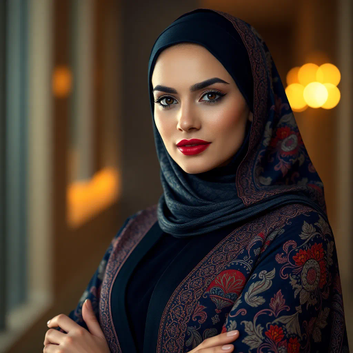 Arab lady, hijab, professional setting, elegance, modern workplace, high heels, grace, long legs, contemporary fashion, vibrant colors, Henri Matisse, impressionistic lighting, cultural fusion, confident composition, smooth textures, chic office attire, dynamic pose, minimalistic design, elegance, bustling office, refined aesthetics, empowerment, subtle sophistication, urban environment, creative space, harmony in diversity, timeless beauty, lateral perspective, graceful movement, cross-cultural artistry, sleek lines
