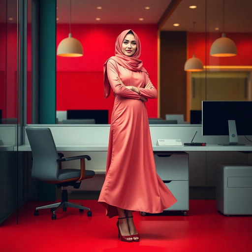 Arab lady, hijab, professional setting, elegance, modern workplace, high heels, grace, long legs, contemporary fashion, vibrant colors, Henri Matisse, impressionistic lighting, cultural fusion, confident composition, smooth textures, chic office attire, dynamic pose, minimalistic design, elegance, bustling office, refined aesthetics, empowerment, subtle sophistication, urban environment, creative space, harmony in diversity, timeless beauty, lateral perspective, graceful movement, cross-cultural artistry, sleek lines