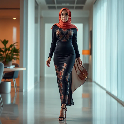 elegant Arab woman, professional attire, hijab, modern workplace, high heels, contrasting cultural fusion, vibrant Middle Eastern influences, contemporary art style, dynamic composition, intricate patterns, vibrant color palette, soft ambient lighting, dynamic posing, cultural expression, delicate textiles, confident and empowering presence, grace, poise, diverse representation, fusion of modern and traditional elements, Impressionism influences, human form depiction, advanced digital techniques, refined textures, bold symbolism, artistic influences, balance, harmony, surreal lighting, empowered femininity, Gustav Klimt inspiration, Art Nouveau elegance, intricate detailing, cultural narrative, sophisticated sophistication, modernism, representation and empowerment