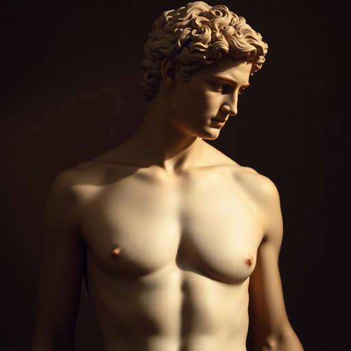 human form, renaissance, chiaroscuro, soft lighting, warm hues, anatomical precision, classical influence, emotional depth, serene expression, form and shadow, Michelangelo, intimate setting, smooth textures, realistic rendering, gentle contrast, artistic elegance, subtle movement, cultural reflection, timeless beauty, spatial depth, intricate details, emotive presentation, harmonious composition, art historical references, captivating pose