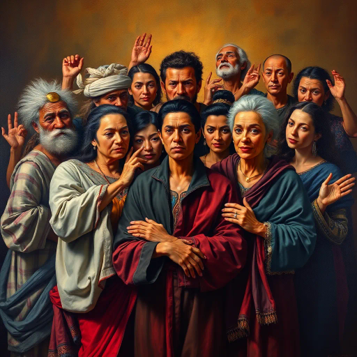 human figures, diverse cultures, vibrant interaction, Renaissance influence, chiaroscuro lighting, emotive expressions, dynamic poses, surrealism touch, vivid colors, intricate details, group composition, cultural motifs, symbolic gestures, modern attire, expressive eyes, textured backgrounds, fluid movement, diverse ages, narrative depth, life-like rendering, harmonious balance, imaginative perspectives, layered storytelling