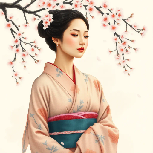 Japanese woman, serene elegance, traditional kimono, cherry blossoms, Hiroshige-inspired, Edo period grace, soft watercolor textures, warm pastel tones, gentle daylight, intricate textile patterns, delicate brushstrokes, sakura petals, cultural heritage, peaceful demeanor, floating world, refined composition, dreamlike atmosphere, poetic beauty, seamless harmony