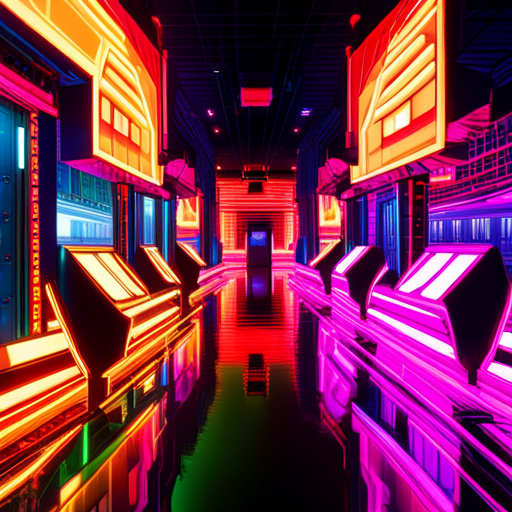 endless virtual neon arcade, retro-futuristic circuitry, vibrant and electric sparks, generative animated game worlds, glitchy pixelated landscapes, cyberpunk characters exploring new realms, neon lights reflecting off reflective surfaces, dynamic movement and energy, dystopian neon cityscapes, pulsating digital dreams