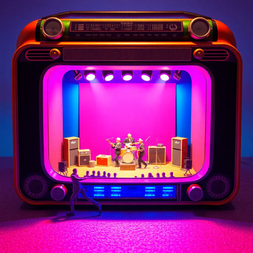 vintage radio, miniature concert scene, band performance, intricate stage, vibrant pink spotlights, electric blue, luminous purple, nostalgic atmosphere, mid-century design, retro-futuristic, pop art influence, energetic vibes, dynamic composition, textured surfaces, neon glow, lively crowd, cultural vibrancy, David Hockney, 1960s music scene, whimsical illustration, detailed craftsmanship, immersive display, radiant colors, captivating visuals, artistic flair, vintage-modern fusion, innovative storytelling