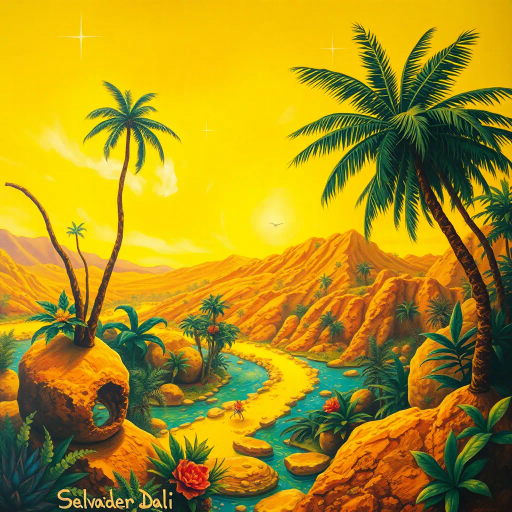 surreal landscape, Salvador Dali, vibrant yellows, tropical paradise, hyper-realism, dynamic lighting, lush textures, pop art influence, organic shapes, whimsical nature, dreamlike atmosphere, botanical patterns, imaginative composition, expressive brushwork, avant-garde approach