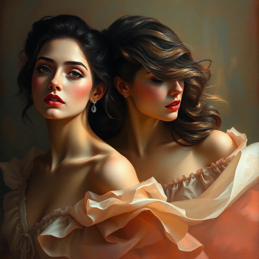 elegant women, graceful, ethereal, renaissance influence, chiaroscuro lighting, vibrant palette, fluid movement, delicate expressions, soft pastels, intricate detailing, romanticism, elegant poses, enchanting atmosphere, soft focus, ethereal glow, impressionist techniques, serene mood, brush stroke texture, harmony, contemplative mood, timeless beauty, captivating gaze, dreamlike composition, femme fatale aura, gentle curves, baroque elements, masterful artistry, captivating allure, atmospheric depth, luminous highlights, classic elegance, vibrant interplay, sophisticated gestures, subtle nuances, artistic finesse, opulent richness, dynamic interplay, enchanting luminosity, painterly flair, deft craftsmanship