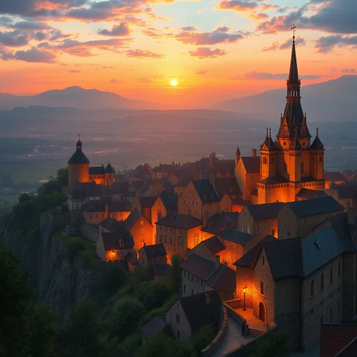 medieval cityscape, glowing twilight, perched on hilltop, vibrant colors, Claude Lorrain influence, golden hour lighting, ethereal atmosphere, lush landscapes, towering spires, intricate architecture, cobblestone streets, panoramic views, sweeping vistas, rich texture, romanticism, detailed engravings, enchanting aura, timeless beauty, serene ambiance, historical roots, narrative storytelling, mystical realm, elevated perspective, imaginative vision, fantasy essence, dreamlike setting, magical realism, atmospheric haze, visual poetry, harmonious balance, artistic expression, visionary landscape