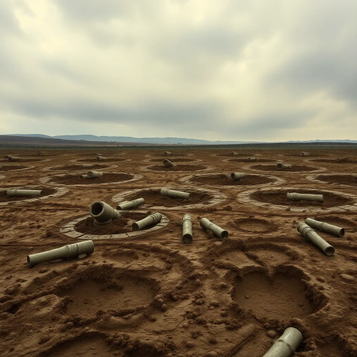 World War I, no man's land, barren landscape, muddy terrain, shell craters, desolate battlefield, dramatic lighting, shadows, somber tone, realism, historical reference, Otto Dix influence, war-torn lands, overcast sky, earth tones, damp textures, trench warfare, aged aesthetics, meticulous detail, depth of field, emotional impact, somber mood, narrative composition, conflict, isolation, gritty texture, historical context, broad perspective, intense atmosphere, intricate mud patterns
