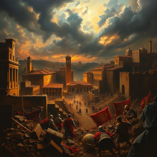 Visigoths, ancient Rome, chaotic cityscape, dramatic lighting, chiaroscuro, tumultuous emotions, historical drama, vivid storytelling, Alaric I, dark, somber tones, rubble and ruins, intricate detail, historical textiles, Renaissance influence, dynamic composition, expressive brushwork, historical artifacts, cultural collision, atmospheric tension, turbulent skies, Baroque intensity, rich textures, epic scale, classical architecture, aura of desolation, historical narrative, monumental scale, layers of history, pathos and loss