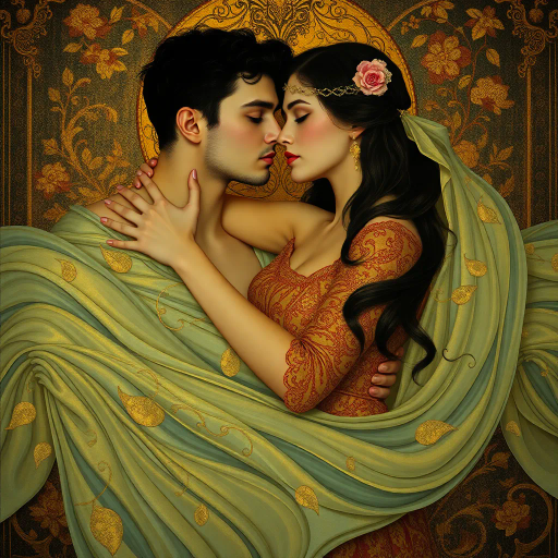 gustav klimt, art nouveau, sensuality, gold leaf, intricate patterns, ethereal glow, romantic allure, rich tapestries, flowing fabrics, elongated forms, emotional intensity, intimate moments, lush environments, vibrant palettes, delicate lines, allegorical meaning, dreamlike atmosphere, baroque influences, warm tones, skin textures, evocative narratives, mysterious allure, opulent details, timeless elegance, visual poetry, captivating presence, shimmering highlights, surreal landscapes, mythical figures, fantastical elements, imaginative visions, otherworldly charm, historic elegance, ornamental beauty, atmospheric depth, chiaroscuro effects