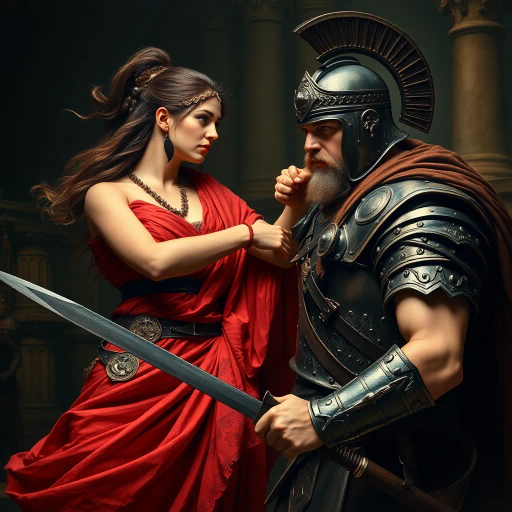 Visigothic warrior, Roman lady, Sack of Rome 410CE, epic historical scene, dramatic lighting, chiaroscuro, intricate armor details, flowing Roman garments, realism, dynamic composition, intense mood, historical figures, late antiquity, turbulent atmosphere, powerful symbolism, conflict and culture clash, intense emotions, classical architecture, ruin and decay, grand scale, meticulous textures, tension and movement, aged patina, historical authenticity, evocative storytelling, warriors in action, contrast and harmony, rich color palette, accurate period costumes