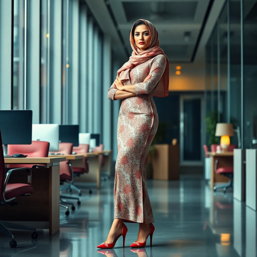 Arab woman, elegant hijab, professional setting, modern workplace, high heels, Middle Eastern culture, contemporary art, intricate patterns, vibrant colors, soft lighting, dynamic pose, cultural expression, delicate fabrics, office environment, confident demeanor, sophisticated fashion, grace and poise, diverse representation, cultural fusion, empowerment, modernism, Impressionism influences, human form, balance and harmony, Jean-Michel Basquiat inspiration, vibrant brushstrokes, Henri Matisse color palette, delicate textures, fluid movement, artistic elegance, cultural symbolism, refined composition, elegance and sophistication, bold patterns