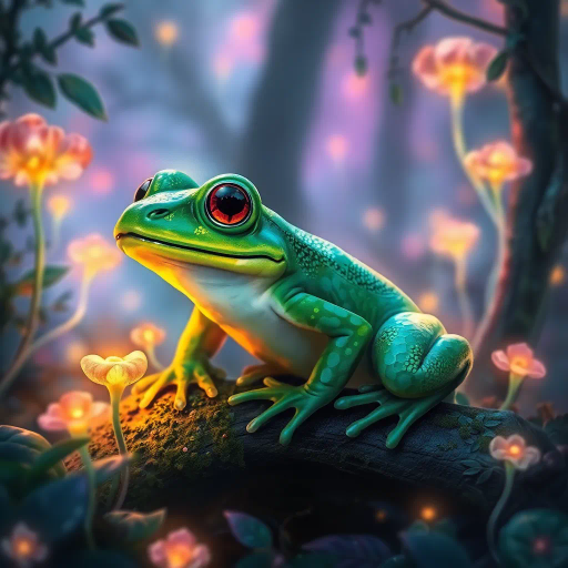 frog, enchanted forest, vibrant colors, whimsical, magical realism, ethereal glow, bioluminescent plants, Arthur Rackham, intricate details, nature's harmony, twilight, surreal, fairytale landscape, mystical aura, luminous ambiance, soft focus, delicate textures, dreamlike atmosphere, mythical creatures, lush greenery, serene environment, imaginative storytelling, enchanted foliage, twilight hues, mythical pond, mythical fantasy