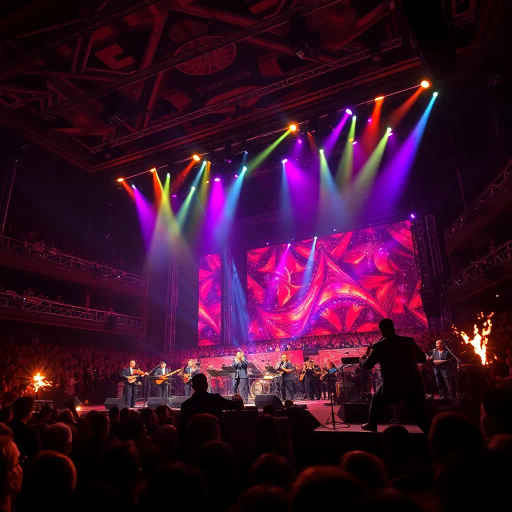 music concert, dynamic composition, dramatic lighting, vibrant colors, emotional intensity, Baroque influence, elaborate staging, epic scale, kinetic energy, rhythmic patterns, expressive movement, surreal atmosphere, audience engagement, legendary performers, intricate soundscapes, visual storytelling, cultural resonance, performing arts, electric mood, harmonious ensemble, theatrical presentation, symphonic grandeur, artistic performance