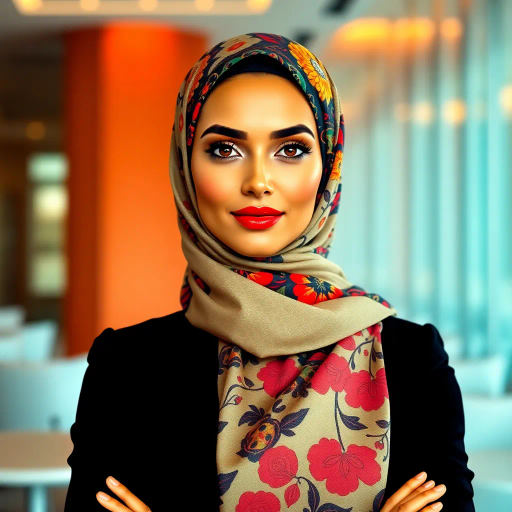 Arab woman, elegant hijab, professional setting, modern workplace, high heels, Middle Eastern culture, contemporary art, intricate patterns, vibrant colors, soft lighting, dynamic pose, cultural expression, delicate fabrics, office environment, confident demeanor, sophisticated fashion, grace and poise, diverse representation, cultural fusion, empowerment, modernism, Impressionism influences, human form, balance and harmony, Jean-Michel Basquiat inspiration, vibrant brushstrokes, Henri Matisse color palette, delicate textures, fluid movement, artistic elegance, cultural symbolism, refined composition, elegance and sophistication, bold patterns