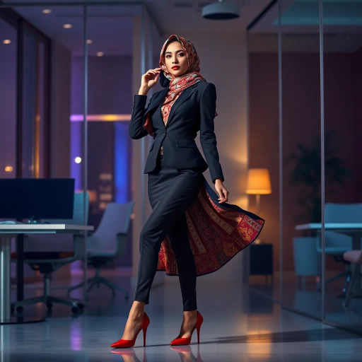 Arab lady, hijab, professional setting, elegance, modern workplace, high heels, grace, long legs, contemporary fashion, vibrant colors, Henri Matisse, impressionistic lighting, cultural fusion, confident composition, smooth textures, chic office attire, dynamic pose, minimalistic design, elegance, bustling office, refined aesthetics, empowerment, subtle sophistication, urban environment, creative space, harmony in diversity, timeless beauty, lateral perspective, graceful movement, cross-cultural artistry, sleek lines