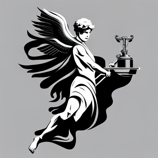 Vector, Hermes, Greek mythology, messenger god, winged sandals, caduceus, speed, communication, ancient, linear, black and white, contrast, simplicity, minimalism, graphic, illustration