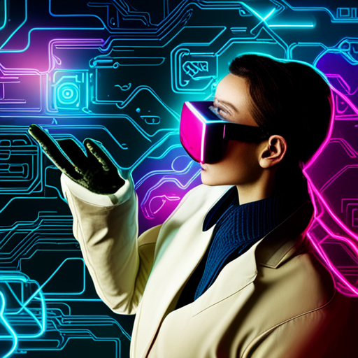 neon lighting, futuristic technology, dystopian society, artificial intelligence, mechanical implants, cyber-enhancements, robotic revolution, virtual reality, circuitry, cybercrime, hacker culture