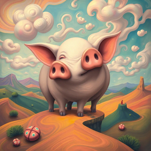 whimsical pig, surreal landscape, Salvador Dali influence, vibrant pastels, dynamic composition, fantastical elements, playful mood, dreamlike ambiance, Anthropomorphic pig, storytelling narrative, swirling patterns, imaginative scenery, lighthearted tone, whimsical clouds, abstract shapes, contrasting textures, fluid movement, enchanting aura, magical realism, fantastical creatures