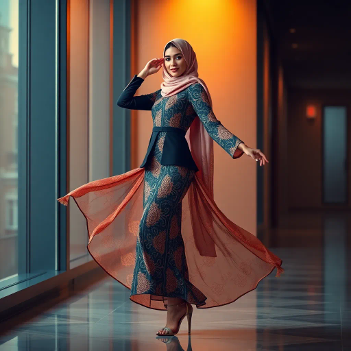 elegant Arab woman, professional attire, hijab, modern workplace, high heels, contrasting cultural fusion, vibrant Middle Eastern influences, contemporary art style, dynamic composition, intricate patterns, vibrant color palette, soft ambient lighting, dynamic posing, cultural expression, delicate textiles, confident and empowering presence, grace, poise, diverse representation, fusion of modern and traditional elements, Impressionism influences, human form depiction, advanced digital techniques, refined textures, bold symbolism, artistic influences, balance, harmony, surreal lighting, empowered femininity, Gustav Klimt inspiration, Art Nouveau elegance, intricate detailing, cultural narrative, sophisticated sophistication, modernism, representation and empowerment