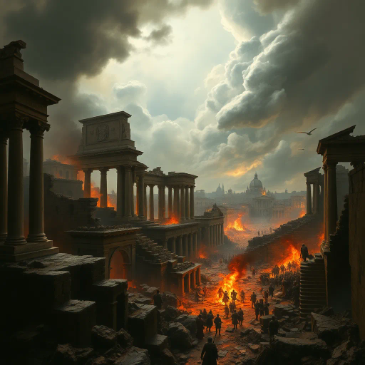 Visigoths, ancient Rome, chaotic cityscape, dramatic lighting, chiaroscuro, tumultuous emotions, historical drama, vivid storytelling, Alaric I, dark, somber tones, rubble and ruins, intricate detail, historical textiles, Renaissance influence, dynamic composition, expressive brushwork, historical artifacts, cultural collision, atmospheric tension, turbulent skies, Baroque intensity, rich textures, epic scale, classical architecture, aura of desolation, historical narrative, monumental scale, layers of history, pathos and loss