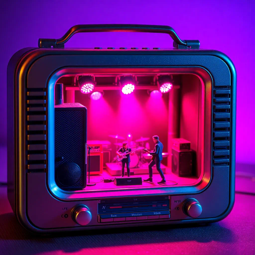 vintage radio, miniature concert scene, performing band, intricate stage design, vibrant spotlights, neon pink, electric blue, deep purple lighting, retro-futuristic aesthetics, surreal composition, mid-century design, nostalgic vibe, neon glow, dynamic movement, artistic expression, framed scene, intricate details, cultural resonance, lively atmosphere, textured materials, symbolic presentation, whimsical imagination, immersive experience, hybrid technology, juxtaposition, animated storytelling, visual spectacle, ambient energy, energetic atmosphere, mesmerizing luminescence, classic band setup, dynamic composition, surreal framing, whimsical charm, artistic symbolism, immersive perspective, bold contrasts, imaginative storytelling, music-inspired narrative, visionary presentation, lively energy, visual harmony, imaginative collage, 1980s nostalgia