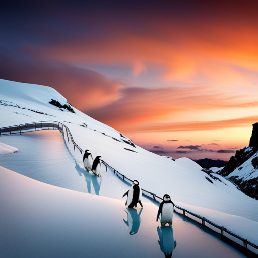 playful penguins, sliding on icy hills, enjoying the winter wonderland