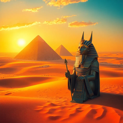 ancient Egypt, mystical landscape, pharaohs, golden sands, pyramids, hieroglyphics, Anubis, rich colors, warm sunlight, intricate patterns, mysterious aura, historic grandeur, ceremonial attire, desert horizon, timeless mystique, symbolic artifacts, cultural richness, dramatic shadows, opulent textures, sacred rituals, artistic legacy, spiritual resonance, legendary civilization, exotic flora, ancient deities, vibrant hues, mythological elegance, serene desert, colorful mosaics, captivating narratives