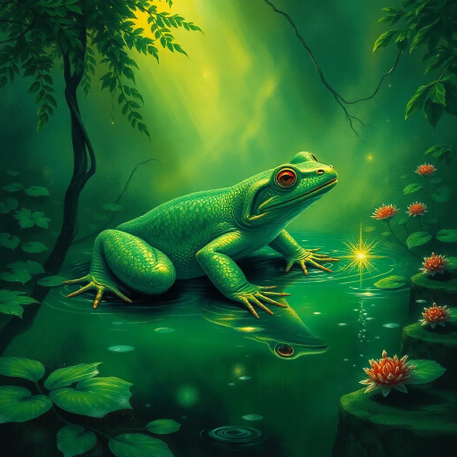 enigmatic amphibian, Renaissance influences, surrealistic landscape, vibrant greens, ethereal glow, mystical aura, Claude Monet, shimmering water reflections, intricate textures, rich detail, luminous composition, mythical pond, serene expression, whimsical foliage, dream-like ambiance, harmonious balance, nature's tapestry, soft brushstrokes, interplay of light and shadow