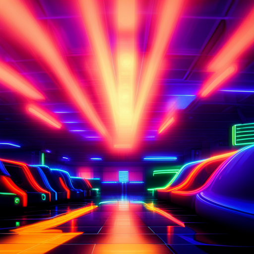 endless virtual neon arcade, retro-futuristic circuitry, vibrant and electric sparks, generative animated game worlds, glitchy pixelated landscapes, cyberpunk characters exploring new realms, neon lights reflecting off reflective surfaces, dynamic movement and energy, dystopian neon cityscapes, pulsating digital dreams