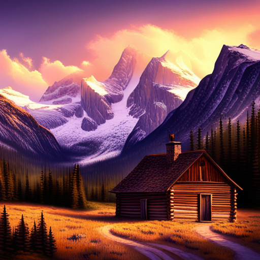 majestic, serene, landscape, peaceful, remote, solitude, cozy, rustic, wooden, cabin, mountains, nature, escape, retreat, tranquility, forest, trees, snow-capped, peaks, scenic enhance digital-art, photographic, artist names, impressionism, romanticism, Baroque, chiaroscuro lighting, rule of thirds composition, earth tones, soft and smooth textures, acrylic medium, brushstroke techniques, landscape subject matter, calm and contemplative mood, aerial perspective, flowing movement, cultural influences, large scale, natural materials, framed presentation, geometric shapes, bold and dynamic line quality, symbolism of nature, negative space, modern time period, high level of detail, Impressionist and Romantic artistic influences, capturing the essence of tranquility and serenity