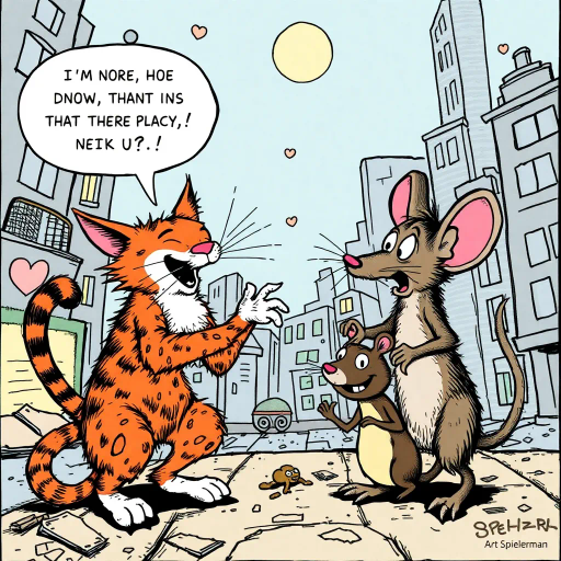 whimsical tale, feline protagonist, rodent antagonist, Art Spiegelman, playful conflict, dynamic composition, vibrant colors, bold outlines, narrative storytelling, expressive characters, adventure, mischief, urban landscape, intricate details, engaging narrative, interaction, movement, light-hearted, humor, exaggerated expressions, daring escapades, cultural folklore, friendship, rivalry, textured shading, visual humor, animated scene, comic strips, graphic novel style