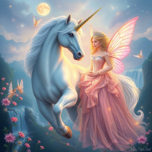 mythical unicorn, enchanting fairies, regal princess, ethereal glow, soft pastels, dreamlike landscape, intricate detail, romanticism, whimsical essence, magical realism, baroque influences, delicate brushstrokes, shimmering textures, enchanted forest, twilight ambiance, ethereal beauty, imaginative composition, vibrant flora, surreal atmosphere, celestial light, fairytale dimension, mythical creatures, gentle aura, serene emotion, opulent attire, mystical symbolism, fantasy narrative, Johan Christian Dahl, Arthur Rackham, ethereal luminosity, dreamy composition, celestial landscape, luminescent wings, flowing gowns, stardust, moonlit scenery, shimmering waterfalls, storybook charm, iridescent tones, enchanting realm, mystical ambiance, fantasy realism, ethereal palette